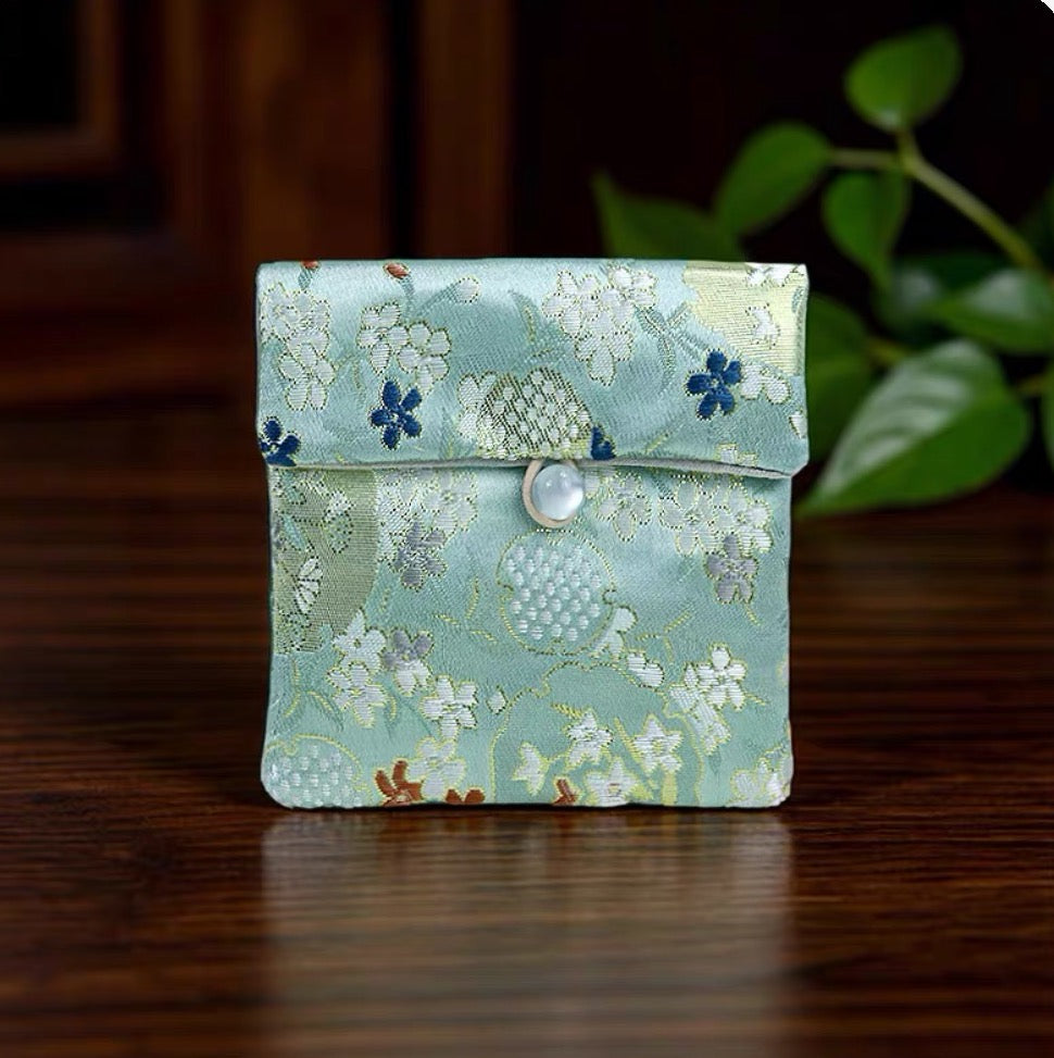Neo-Chinese Silk Brocade Jewelry Pouch | Celadon Blossom